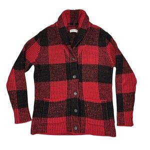 The Normal Brand Cardigan Sweater Womens Medium Buffalo Plaid Red Black Chunky